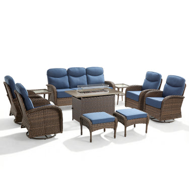 Elegant 10-Piece Rattan Patio Set with Wicker Fire Pit Table – Designed for Cozy Summer Nights, ND Series - Belord