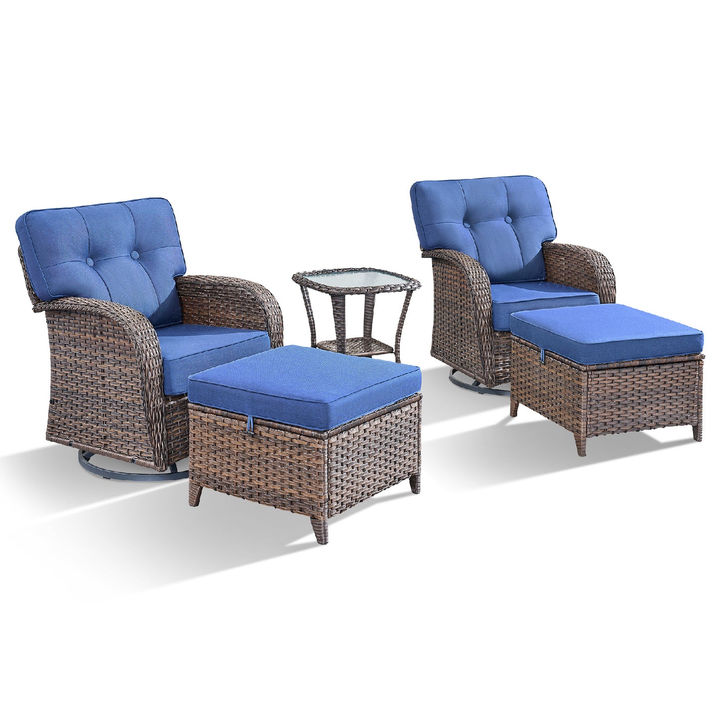 5-Piece Outdoor Patio Set: 2 Swivel Rocker Chairs + Side Table + 2 Ottomans – 5" Thick T-Back Cushions, All-Weather PE Wicker, T Series