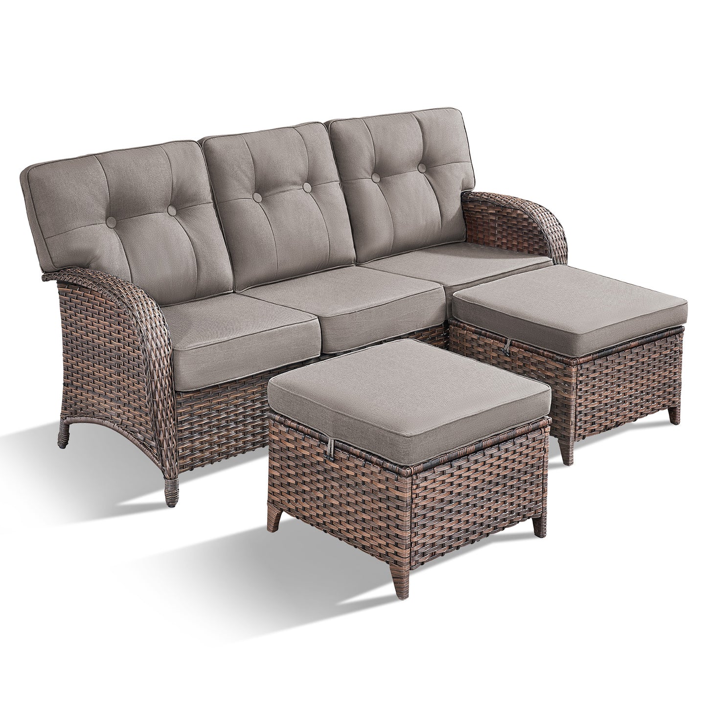T Series 3-Piece Patio Set: 1 T-Back Sofa + 2 Ottomans – All-Weather PE Wicker with 5" Thick Cushions