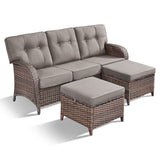 T Series 3-Piece Patio Set: 1 T-Back Sofa + 2 Ottomans – All-Weather PE Wicker with 5in Thick Cushions - Belord