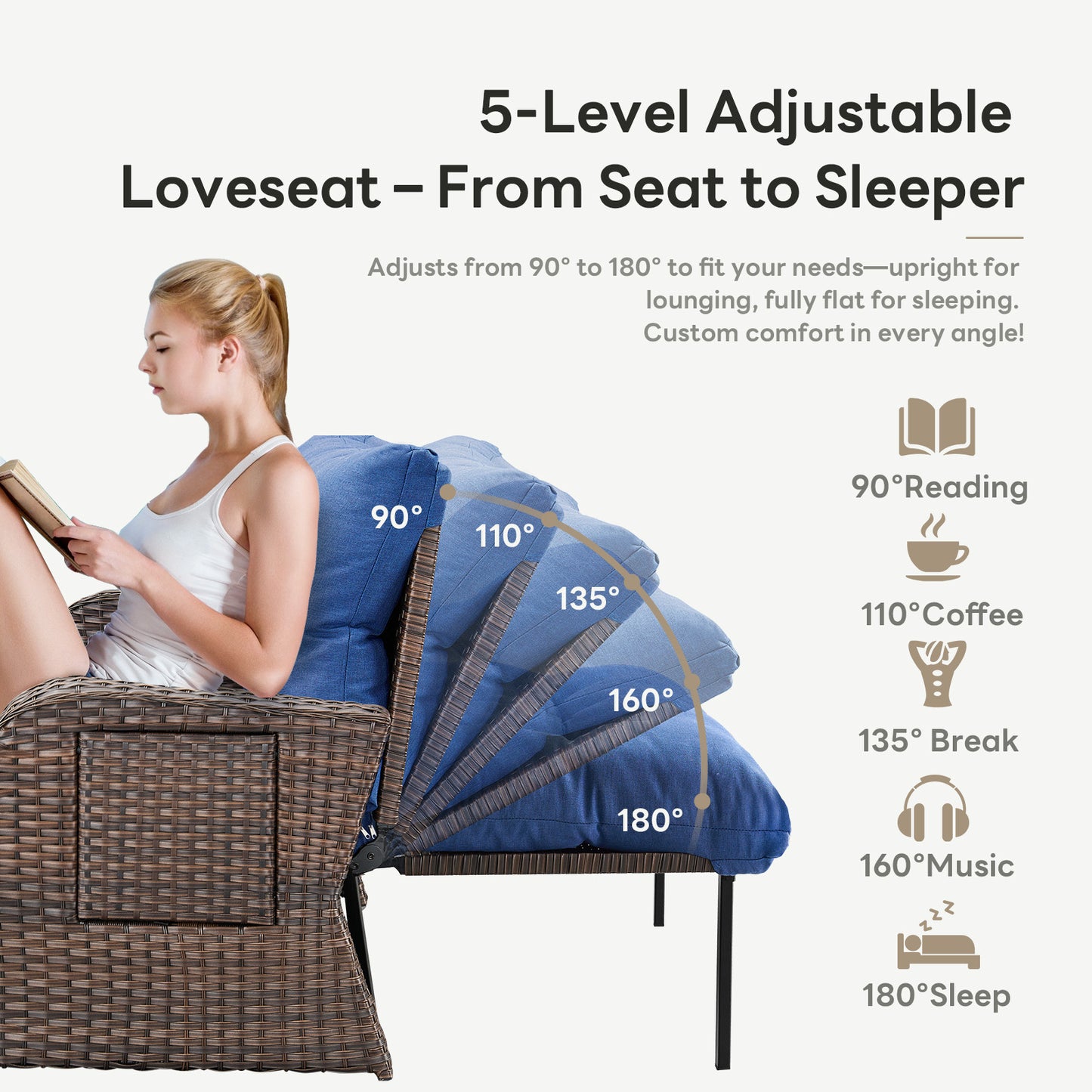 Premium 6-Piece Patio Furniture Set - All-Weather PE Wicker Conversation Set with Loveseat Daybed, 2 Recliner Lounge Chairs & 2 Side Table for Poolside, NDS Series