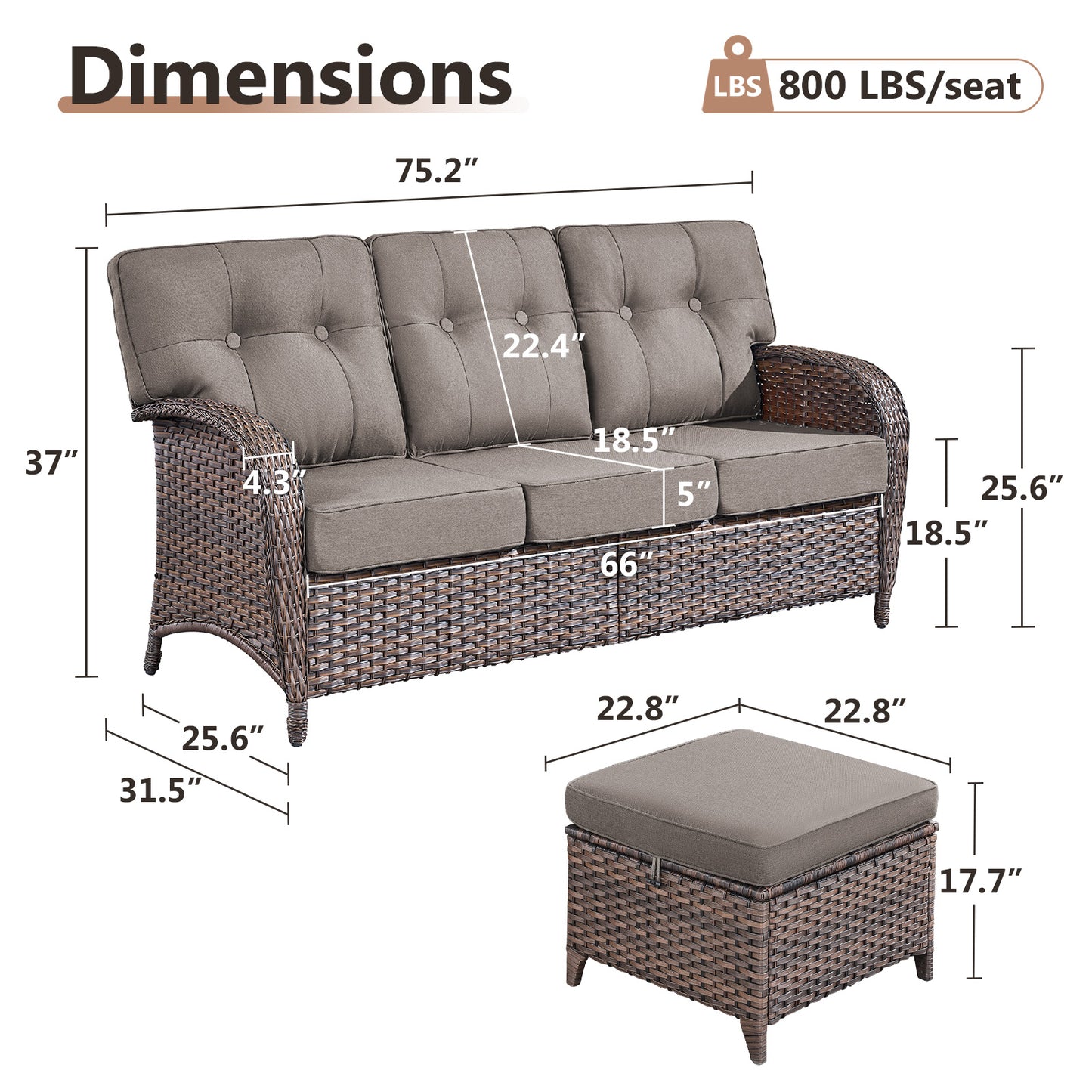 T Series 3-Piece Patio Set: 1 T-Back Sofa + 2 Ottomans – All-Weather PE Wicker with 5" Thick Cushions