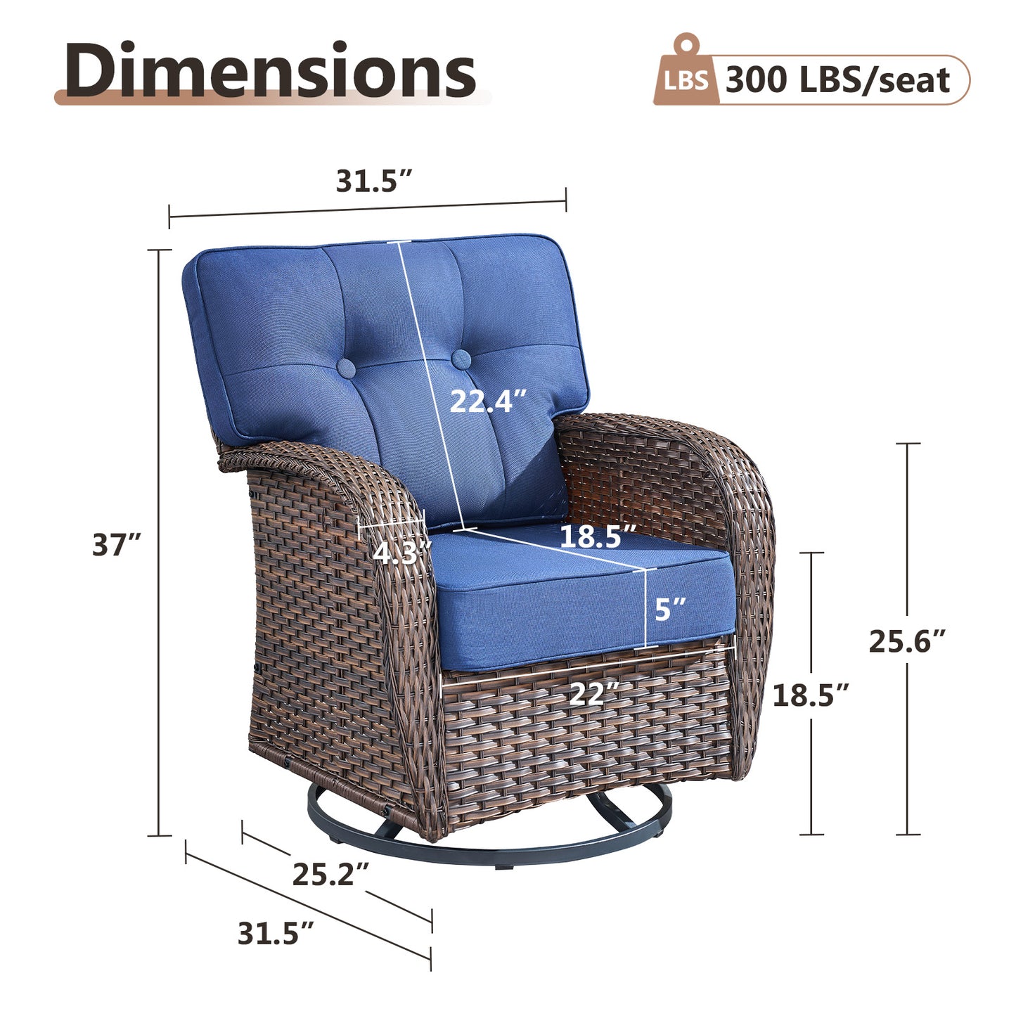 Swivel Glider Chairs (Set of 4) – Wide T-Back Design & 5" Thick Cushions, T Series