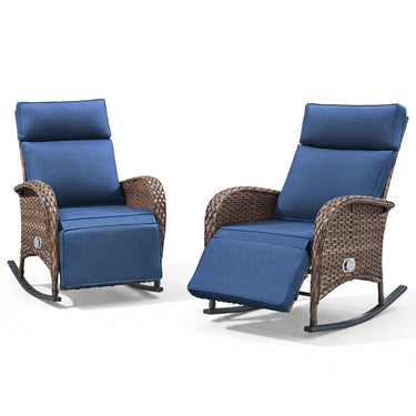 Premium 2-Piece Wicker Rocking Recliner Chair with Adjustable Backrest & Footrest, Cushioned PE Rattan Patio Lounge Chair, NDS Series - Belord