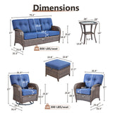 Belord 8-piece outdoor patio conversation set with brown PE wicker, blue cushions, includes sofa, chairs, footstools, and side table.