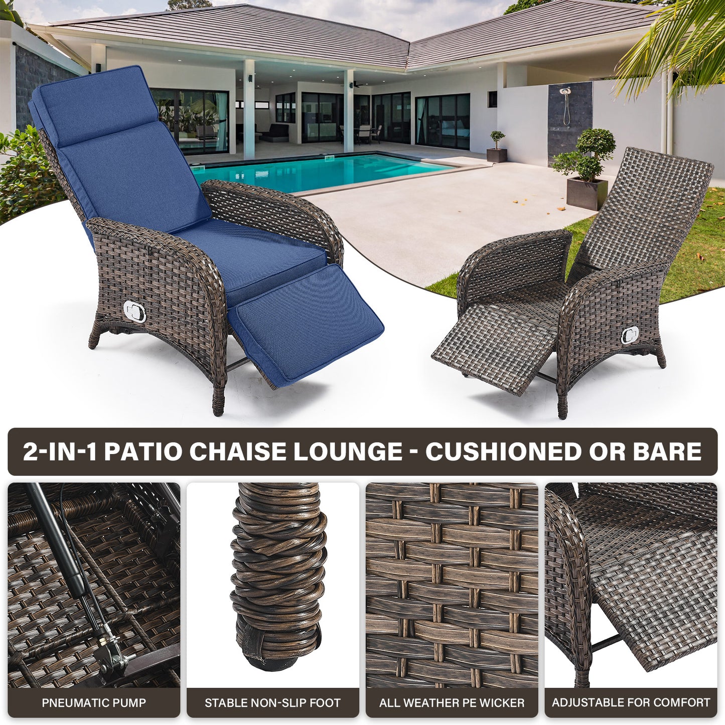 Premium 7-Piece Patio Conversation Set - 4 Adjustable Recliners & 3 Side Tables with 155° Lay Flat Chaise, NDS Series