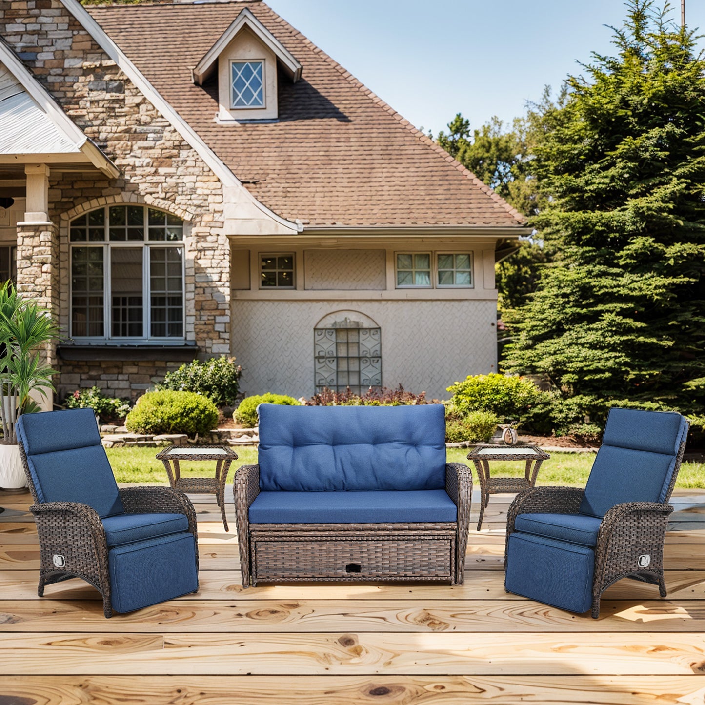 Premium 6-Piece Patio Furniture Set - All-Weather PE Wicker Conversation Set with Loveseat Daybed, 2 Recliner Lounge Chairs & 2 Side Table for Poolside, NDS Series