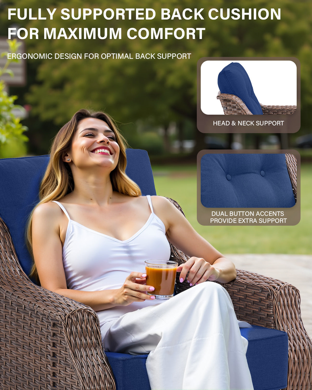 Luxury 5-Pc Rattan Patio Set - 2 Swivel Glider Chairs with Ottoman & Tempered Glass Side Table, 6" Premium Removable Cushions, Ovolo Series
