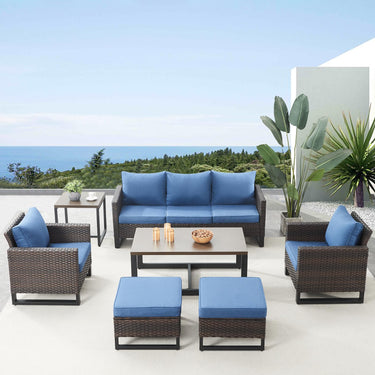 Patio Conversation Set 7-Piece with Sofa, Patio Chairs, Coffee Table, Side Table, and Ottoman, GRS Series - Belord