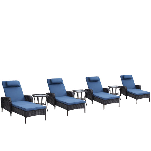 Premium 7-Piece Outdoor Rattan Lounge Set with 4 Adjustable Chaise Lounges & 3 Side Tables - All-Weather Wicker Patio Furniture for Pool Deck, NTC Series