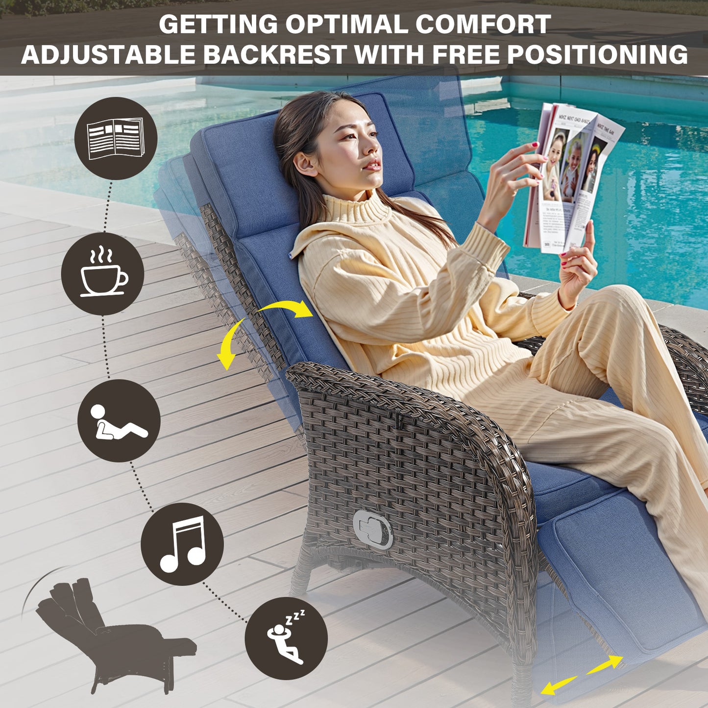 Premium 7-Piece Patio Conversation Set - 4 Adjustable Recliners & 3 Side Tables with 155° Lay Flat Chaise, NDS Series