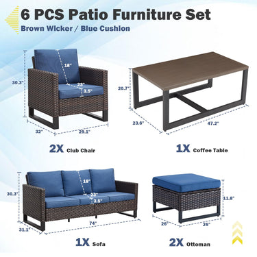 Patio Conversation Set 6-Piece with Sofa, Patio Chairs, Coffee Table, and Ottoman, GRS Series - Belord