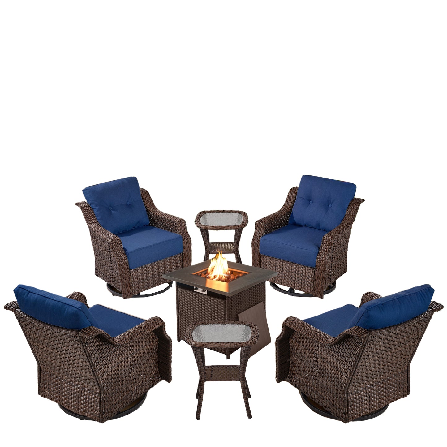 Luxury 7-Piece Outdoor Fire Pit Set - 4 Swivel Glider Chairs with 30" Propane Table & 6" Thick Cushions, Ovolo Series