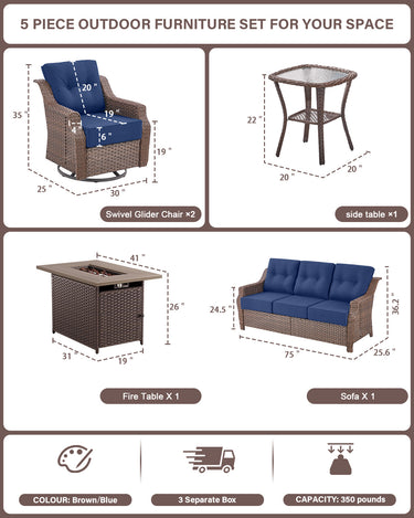 Luxury 5-Piece Outdoor Patio Set with Fire Pit Table - 41" Swivel Glider Chairs & Sofa, All-Weather Wicker with 6" Red Cushions, Ovolo Series - Belord