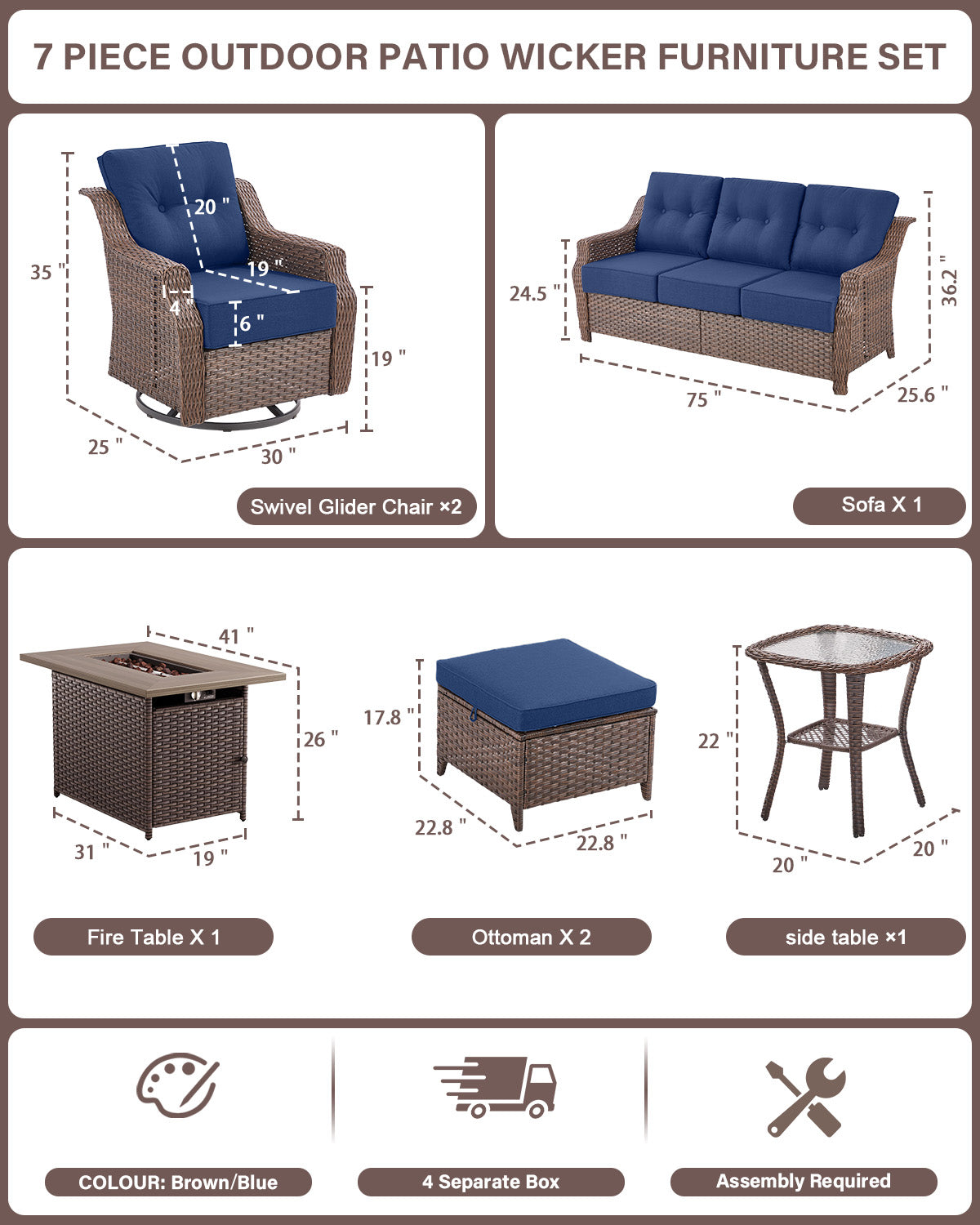 Outdoor Fire Pit Furniture Set - 7pc w/Swivel Glider Chairs & Thick 6" Cushions, Ovolo Series