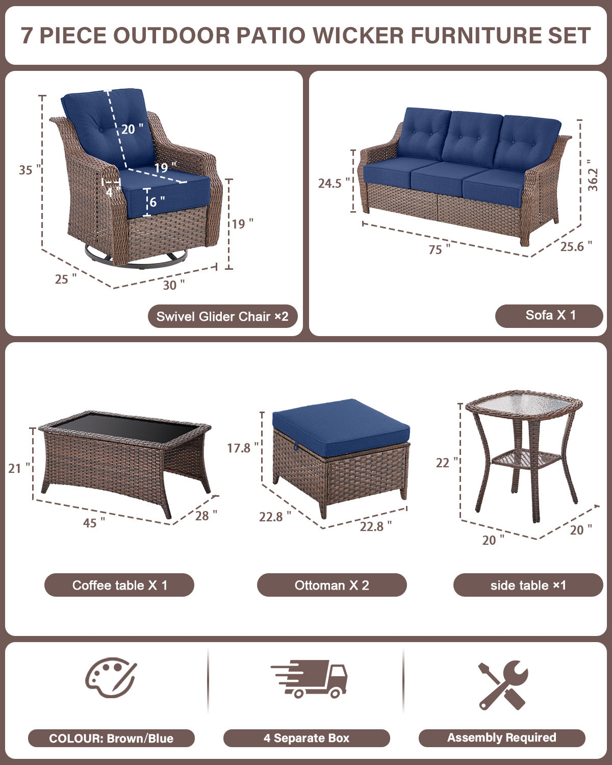 7-Piece Luxury Outdoor Conversation Set - High Back Swivel Glider Chairs with 3-Seat Sofa & Ottoman, Ovolo Series
