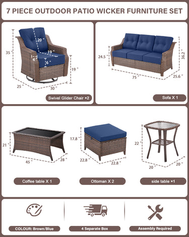 7-Piece Luxury Outdoor Conversation Set - High Back Swivel Glider Chairs with 3-Seat Sofa & Ottoman, Ovolo Series - Belord