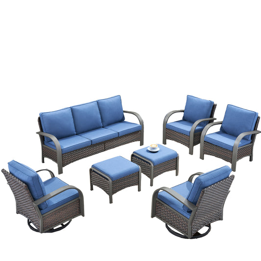 Patio Conversation Set 7-Piece with 1 Sofa, 2 Swivel Glider Chairs, 2 Patio Chairs, 2 Ottoman, HW Series