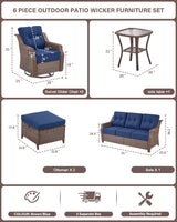 6-Piece Luxury Outdoor Patio Set - High Back Wicker Swivel Glider Chairs with Sofa & Ottoman, Ovolo Series - Belord