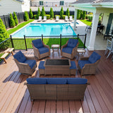 10-Piece Luxury Outdoor Conversation Set - 4 High Back Swivel Rocker Chairs + 3-Seater Sofa with Wicker Ottoman & Coffee Table, Ovolo Series - Belord