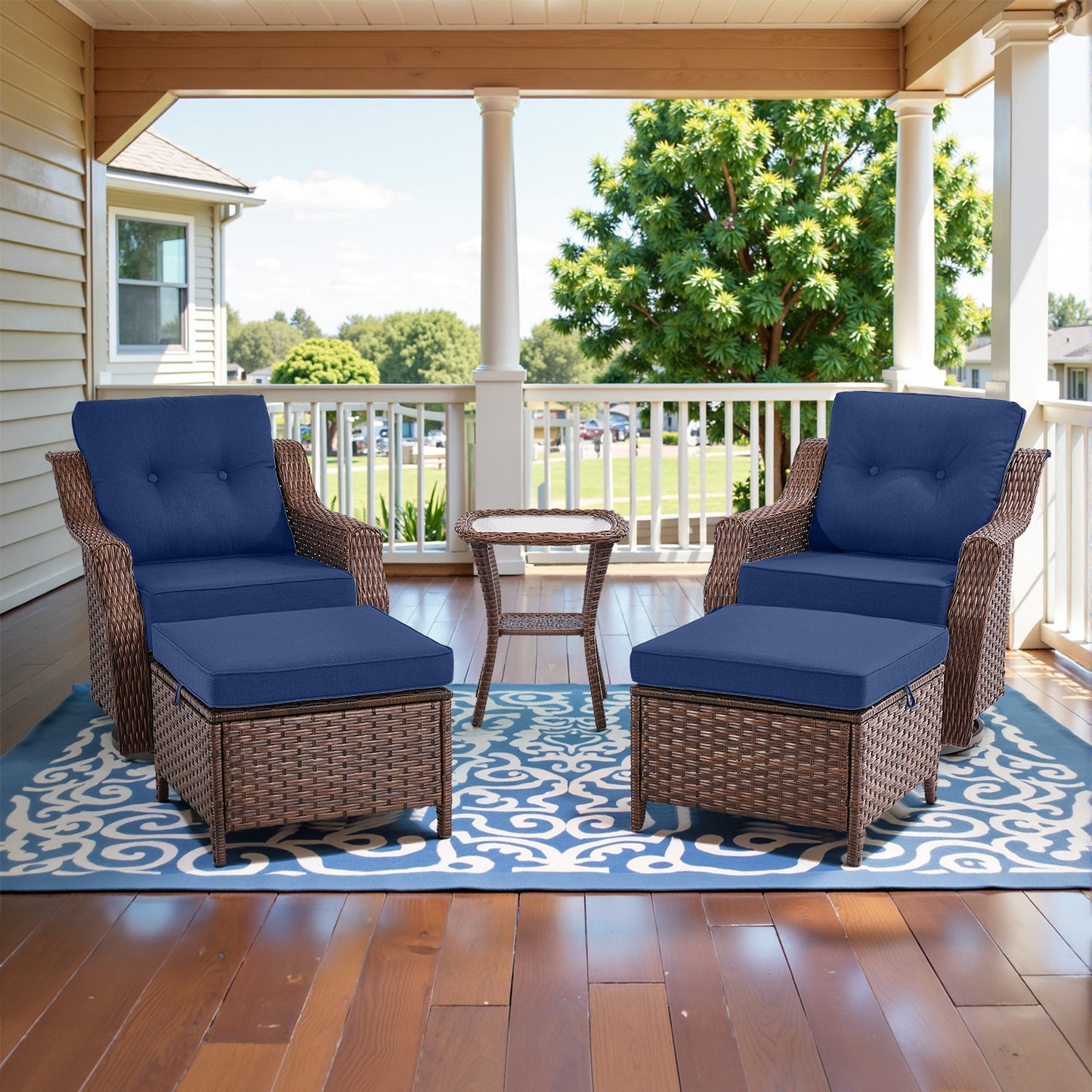 Luxury 5-Pc Rattan Patio Set - 2 Swivel Glider Chairs with Ottoman & Tempered Glass Side Table, 6" Premium Removable Cushions, Ovolo Series