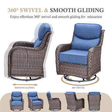 Belord 6" cushion patio fire pit set with brown wicker swivel chairs and rectangular fire table with wind guard, blue cushions.