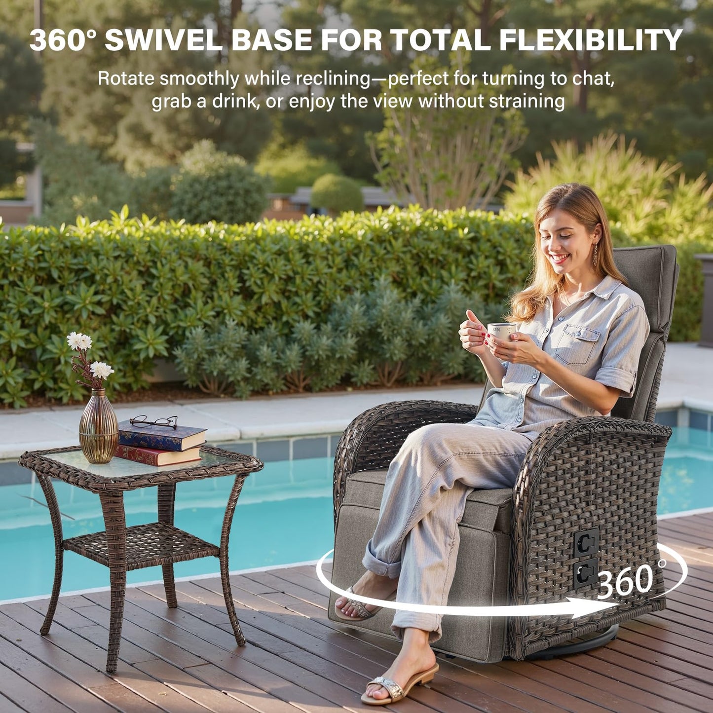 Luxury 3-Piece Adjustable Swivel Set - 360° Rotating PE Wicker Recliners with Side Tables, NDS Series