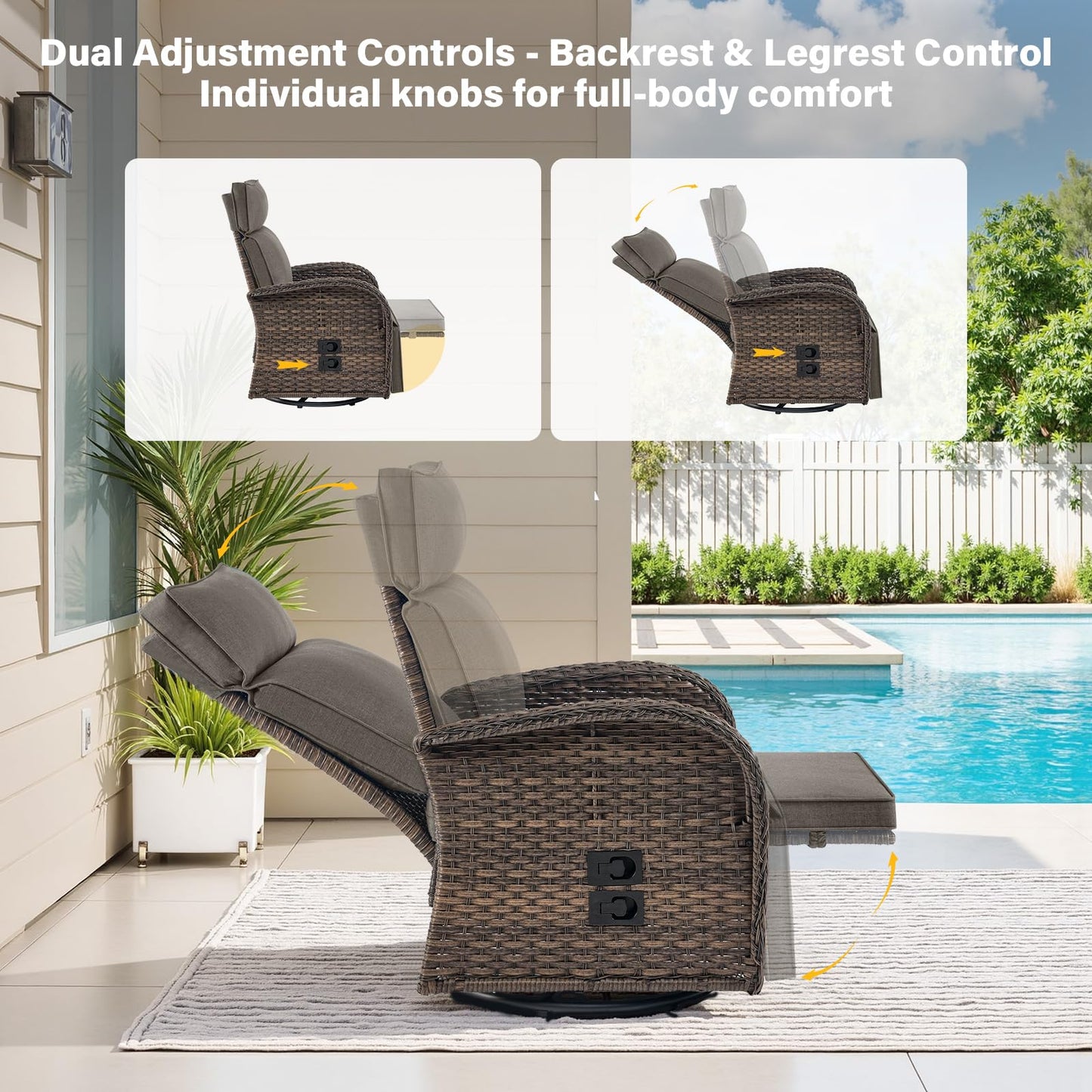 Luxury 3-Piece Adjustable Swivel Set - 360° Rotating PE Wicker Recliners with Side Tables, NDS Series