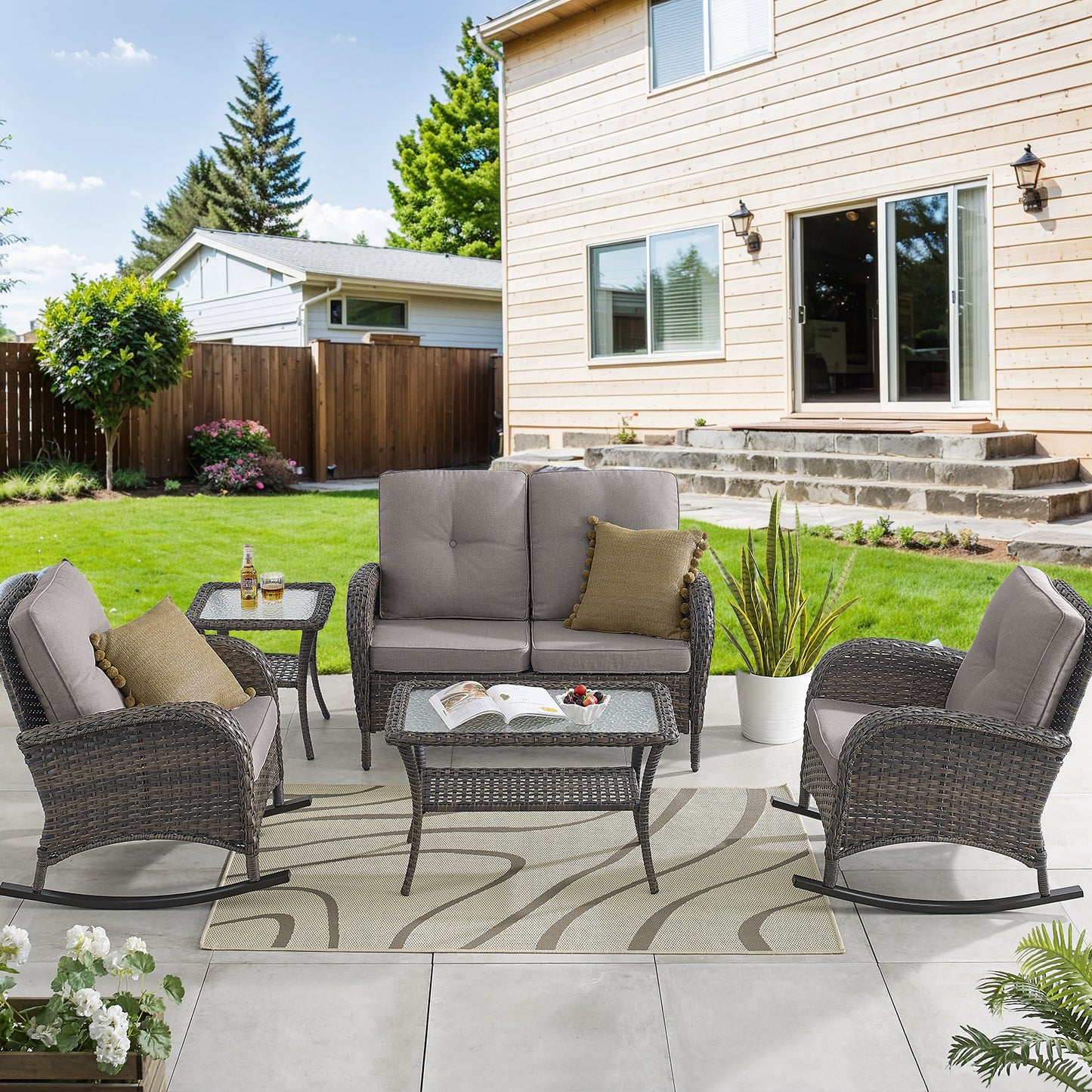 Patio Conversation Set 5-Piece with Loveseat, Rocking Chairs, Coffee Table, and Side Table, NDS Series