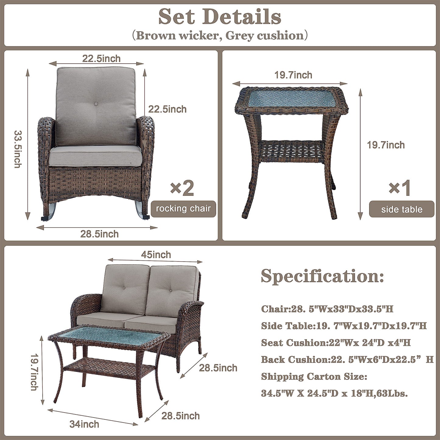 Patio Conversation Set 5-Piece with Loveseat, Rocking Chairs, Coffee Table, and Side Table, NDS Series