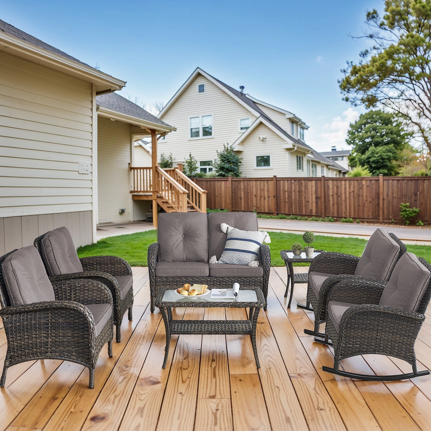 Patio Conversation Set 7-Piece with Loveseat, Rocking Chairs, Patio Chairs, Coffee Table, and Side Table, NDS Series