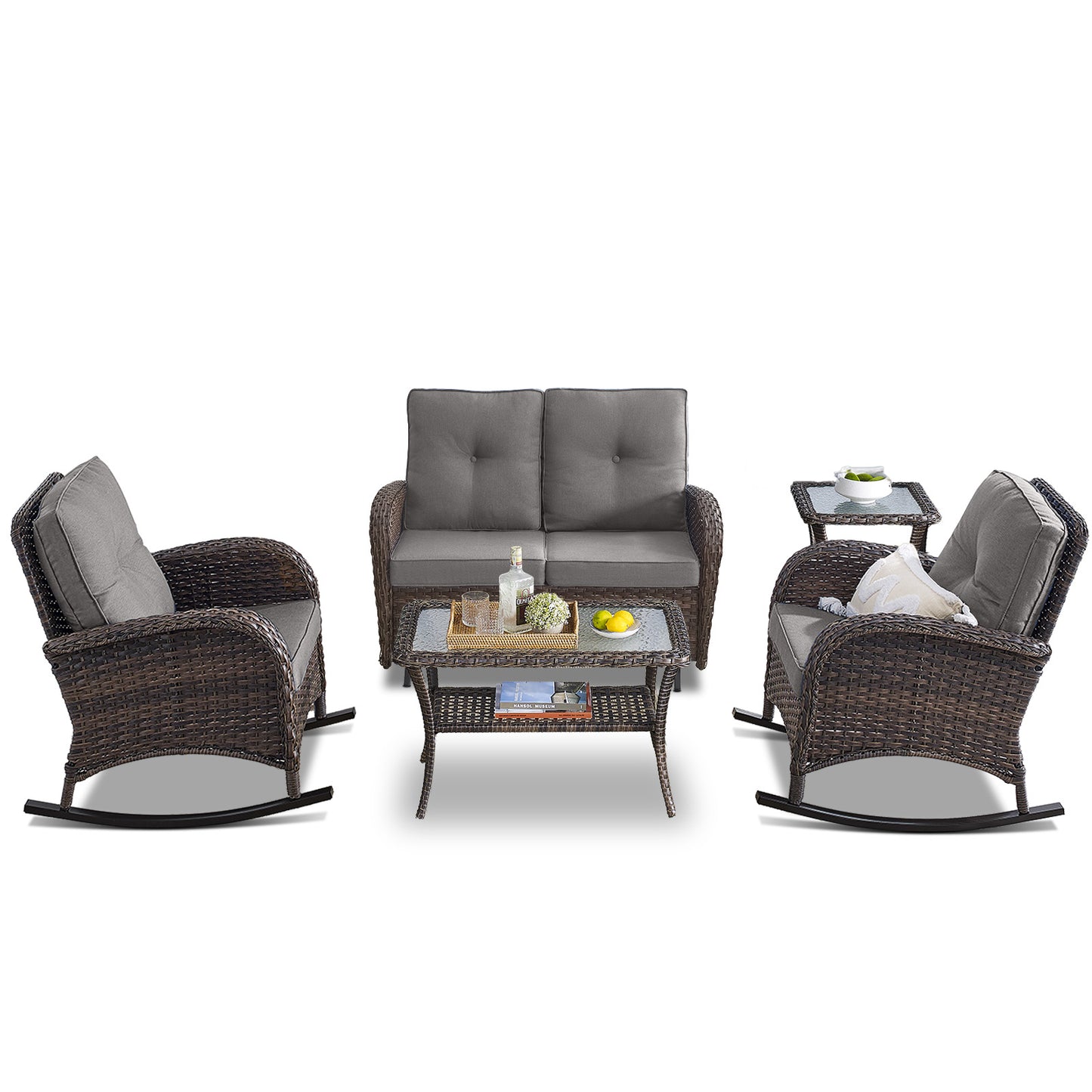 Patio Conversation Set 5-Piece with Loveseat, Rocking Chairs, Coffee Table, and Side Table, NDS Series