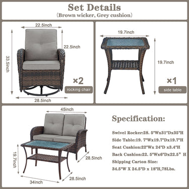 Patio Conversation Set 5-Piece with Loveseat, Swivel Glider Chairs, Coffee Table, and Side Table, NDS Series - Belord