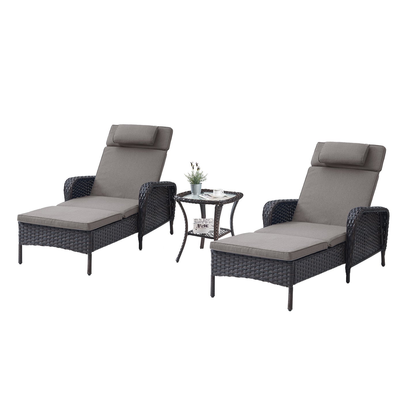 3-Piece Outdoor Wicker Lounge Set – 2 Adjustable 75" Chaise Lounges + Side Table, All-Weather Rattan, NTC Series