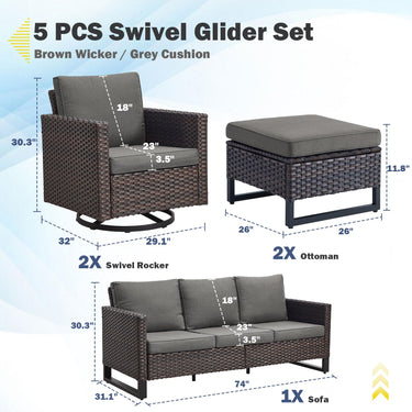 Patio Conversation Set 5-Piece with Sofa, Swivel Glider Chairs, and Ottoman, GRS Series - Belord