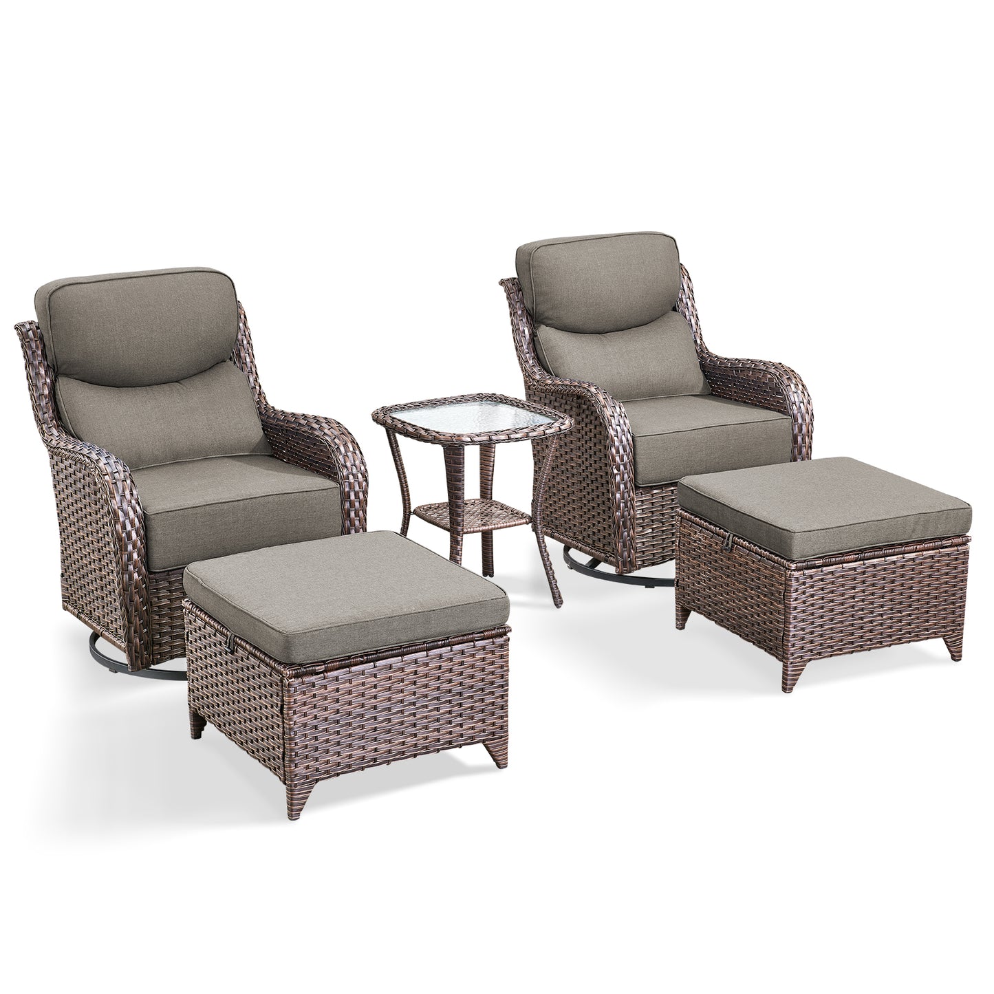 5-Piece Outdoor Wicker Conversation Set – 2 Swivel Glider Chairs with 6" Thick Cushions, 2 Ottomans & Side Table – High Back, NT Series