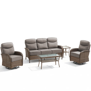 Elegant 5-Piece Outdoor Conversation Set – Sofa & Swivel Rockers with Coffee Table, All-Weather Wicker for Patio Parties, ND Series - Belord