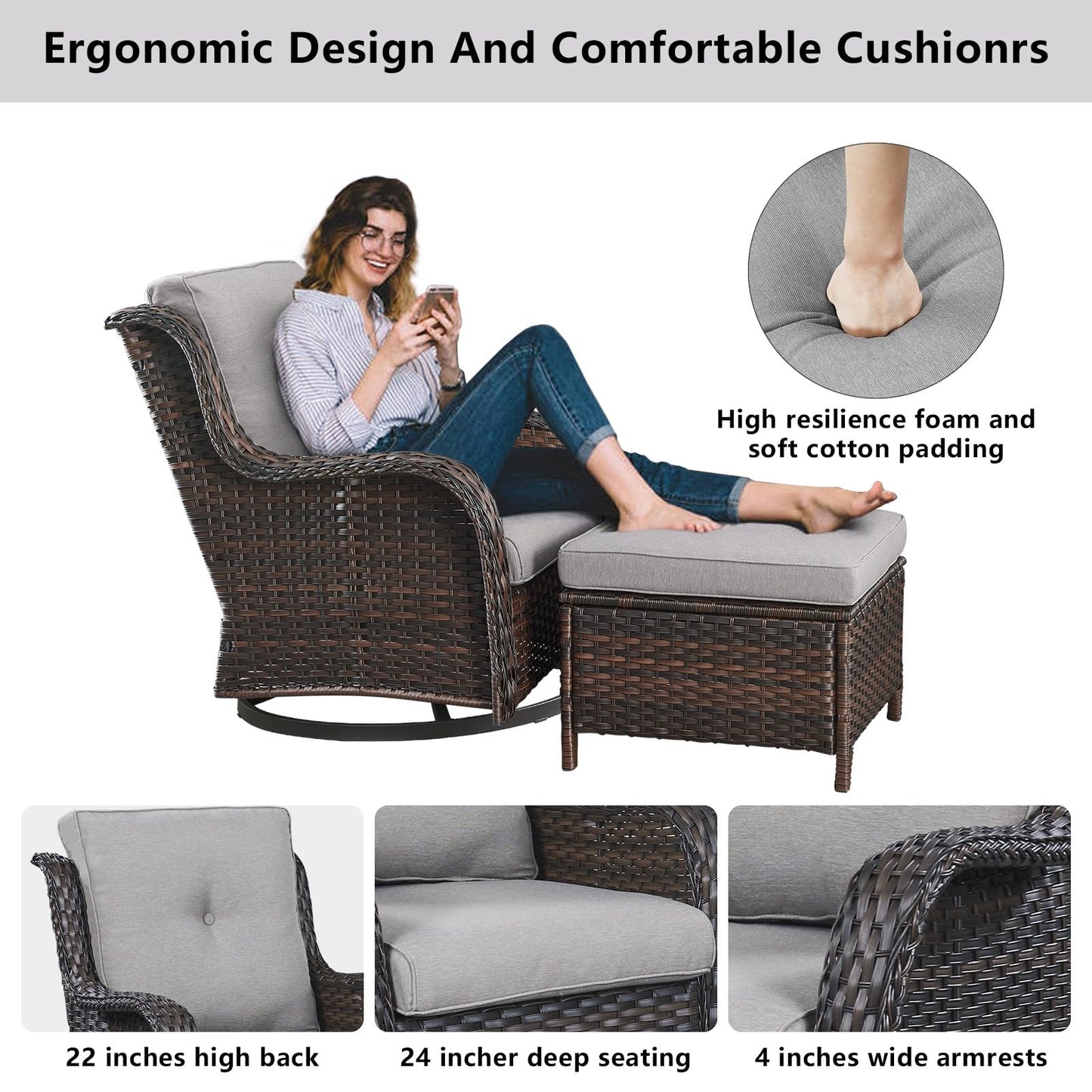 Patio Conversation Set 6-Piece with Sofa, 2-Swivel Glider Chairs, Coffee Table, and 2-Ottoman, NTC Series - B2B Wholesale