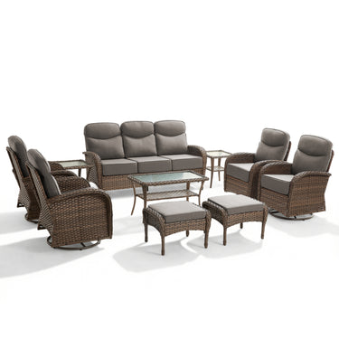 Luxury 10-Piece Patio Set – Sofa & Swivel Chairs with Ottomans, Hand-Woven All-Weather Wicker for Backyard Hosting, ND Series - Belord