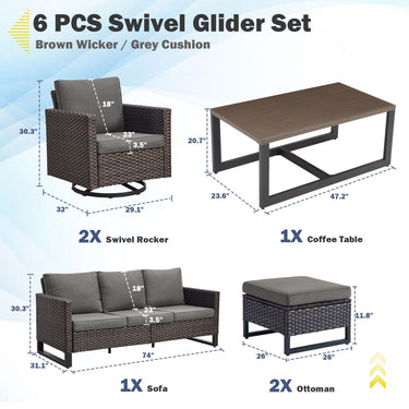 Patio Conversation Set 6-Piece with Sofa, Swivel Glider Chairs, Coffee Table, and Ottoman, GRS Series - Belord