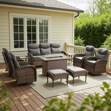 Elegant 10-Piece Rattan Patio Set with Wicker Fire Pit Table – Designed for Cozy Summer Nights, ND Series - Belord