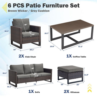 Patio Conversation Set 6-Piece with Sofa, Patio Chairs, Coffee Table, and Ottoman, GRS Series - Belord