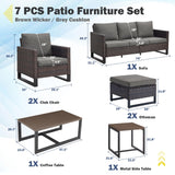 Patio Conversation Set 7-Piece with Sofa, Patio Chairs, Coffee Table, Side Table, and Ottoman, GRS Series - Belord