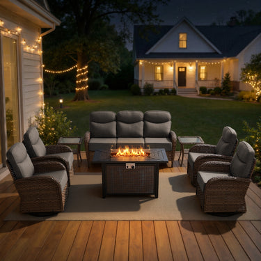 Premium 8-Piece Patio Conversation Set with Metal Fire Pit Table – All-Weather Wicker for Outdoor Parties, ND Series - Belord