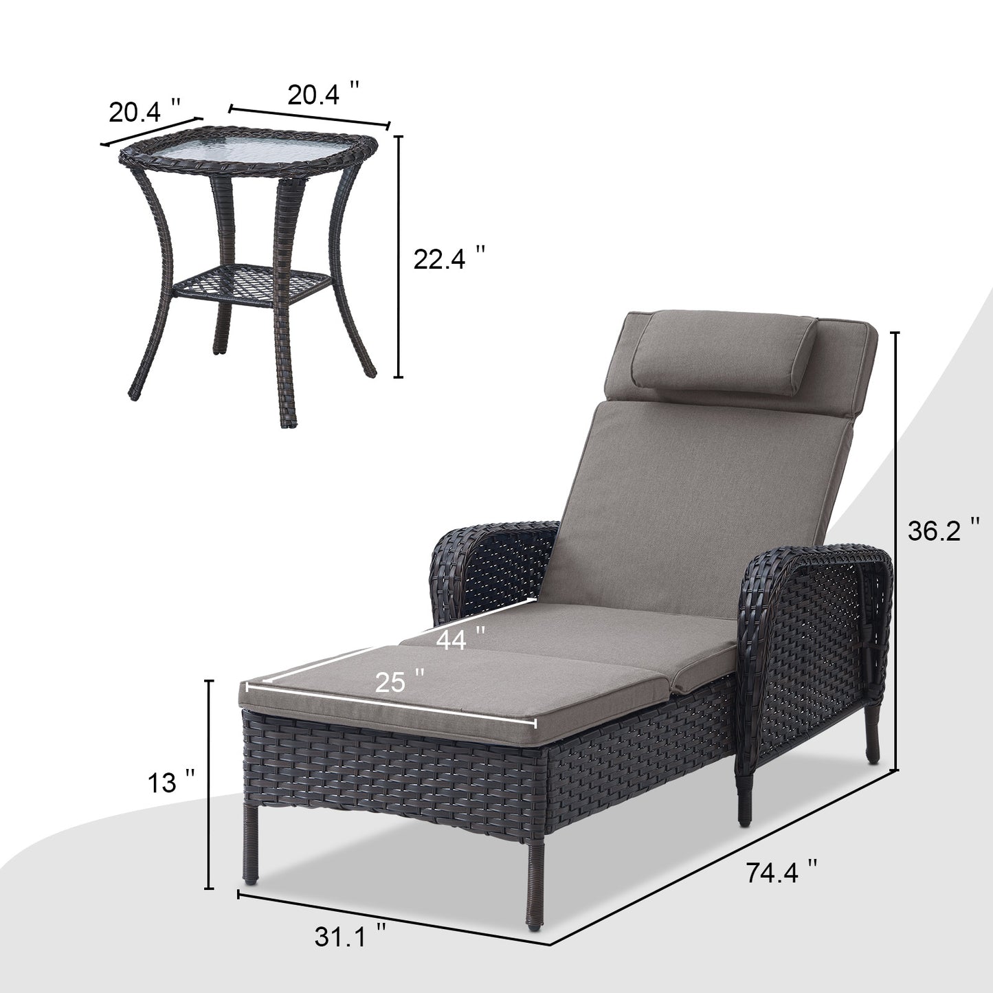 3-Piece Outdoor Wicker Lounge Set – 2 Adjustable 75" Chaise Lounges + Side Table, All-Weather Rattan, NTC Series