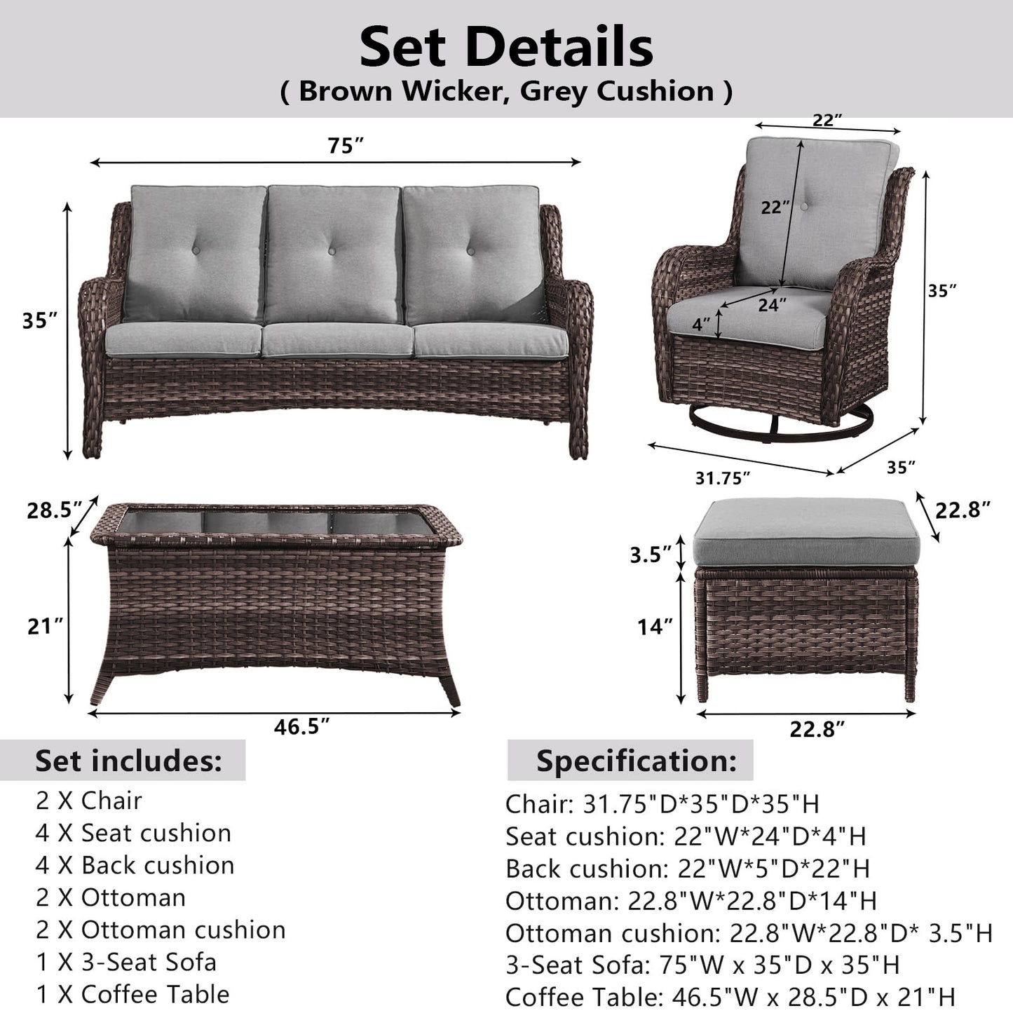 Patio Conversation Set 6-Piece with Sofa, 2-Swivel Glider Chairs, Coffee Table, and 2-Ottoman, NTC Series - B2B Wholesale