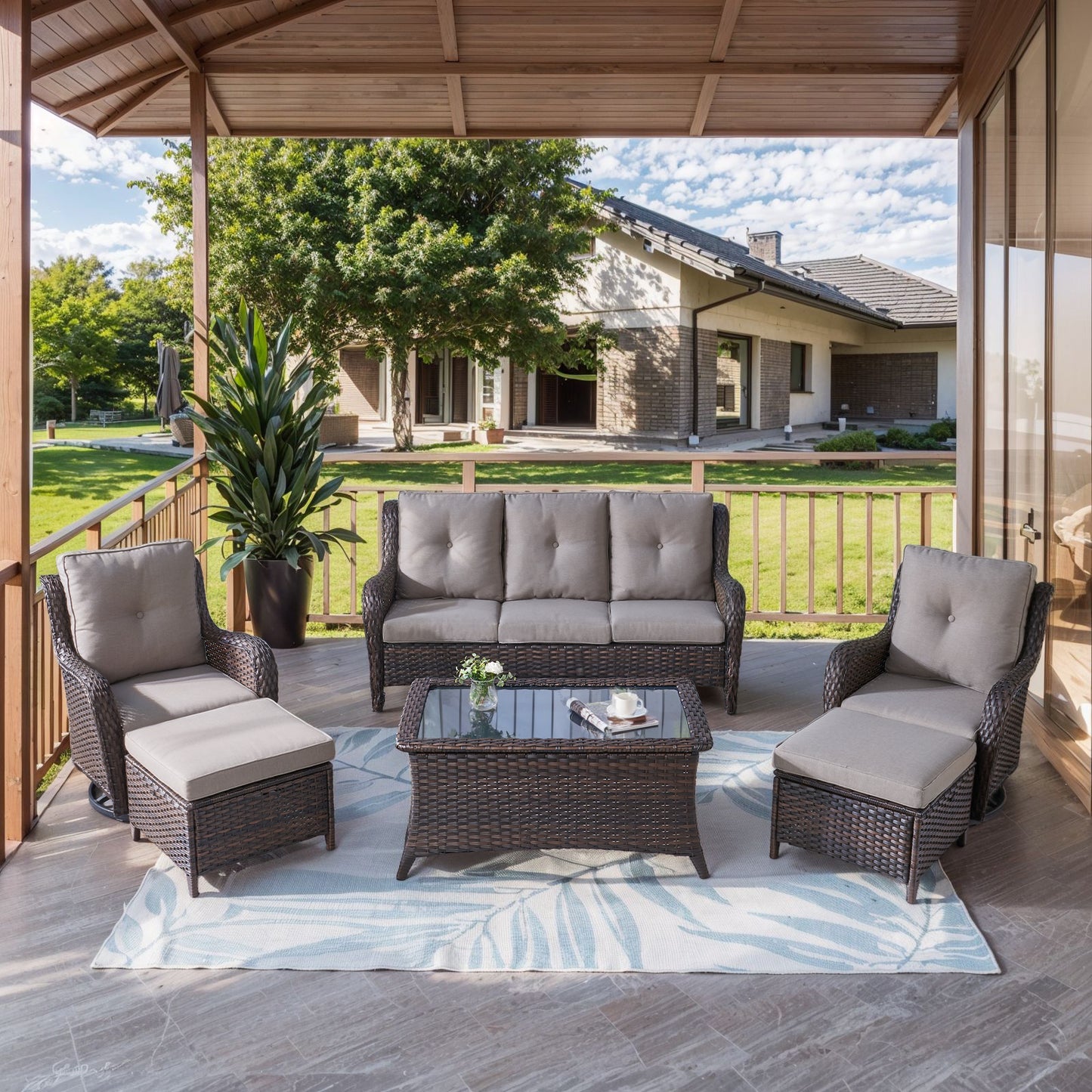 Patio Conversation Set 6-Piece with Sofa, 2-Swivel Glider Chairs, Coffee Table, and 2-Ottoman, NTC Series - B2B Wholesale