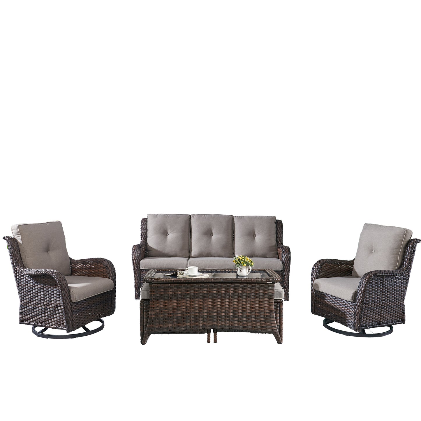 Patio Conversation Set 6-Piece with Sofa, 2-Swivel Glider Chairs, Coffee Table, and 2-Ottoman, NTC Series - B2B Wholesale