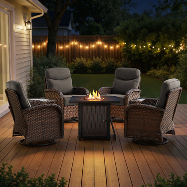 Luxury 7-Piece Outdoor Swivel Chair Set with Square Metal Fire Pit Table – Heavy-Duty Comfort for Deck Living, ND Series - Belord