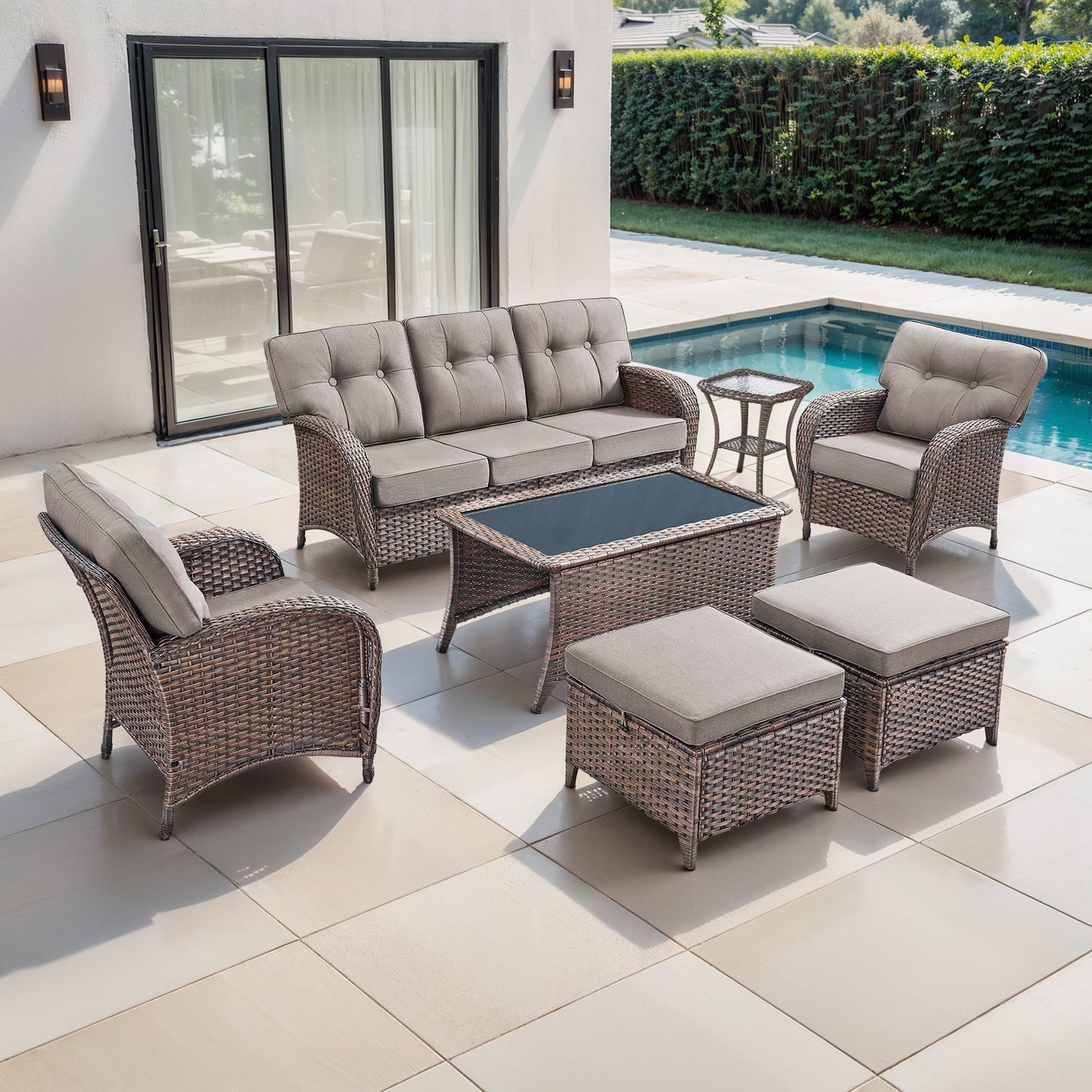 Premium 7-Piece Patio Set: 3-Seater Sofa with T-Back Design + 2 Patio Chairs + Side Table + Coffee Table + 2 Footstools - Supportive 5" Thick Cushions & Durable PE Wicker (T Series)